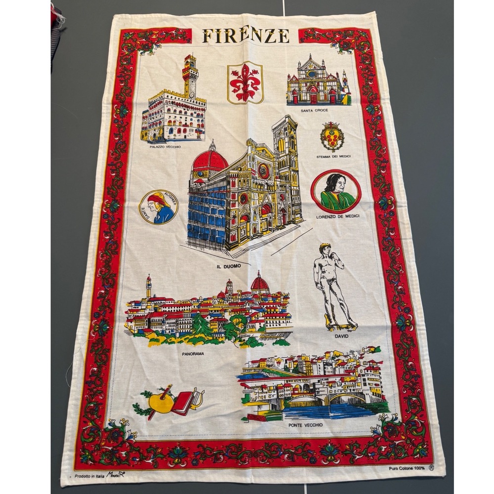 Vintage Firenze Florence Italy Souvenir Tea Towel 100% Cotton Made in Italy